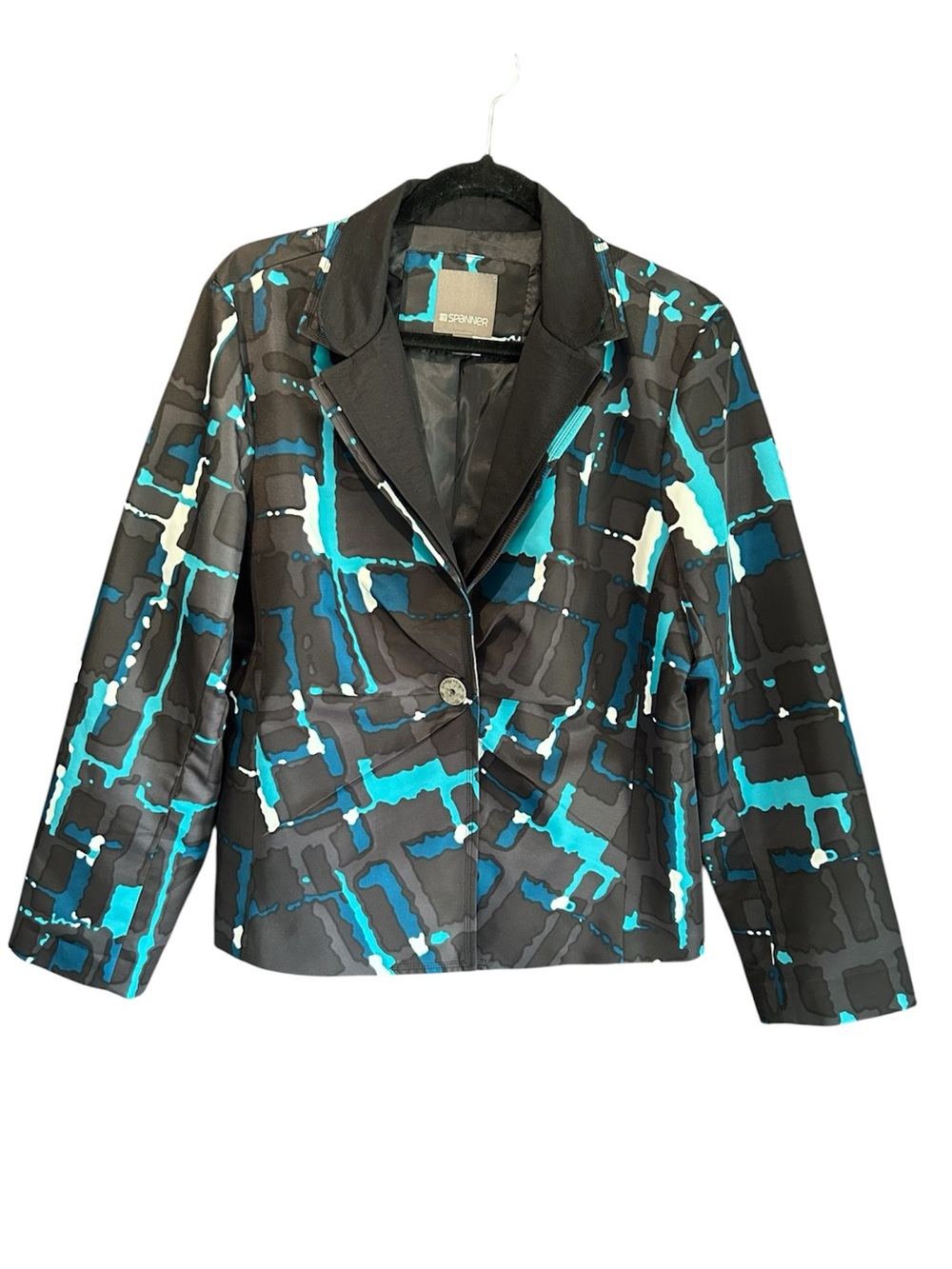 SPANNER Black Jacket with Teal & White Abstract Print
